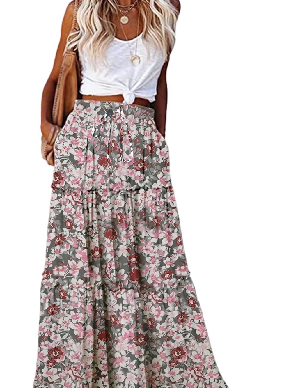 Floral Tiered Maxi Skirt - Pink & Red